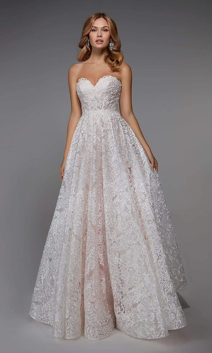 Alyce Paris - 7033 Beaded Lace Sweetheart Bridal Gown Special Occasion Dress In White and Pink