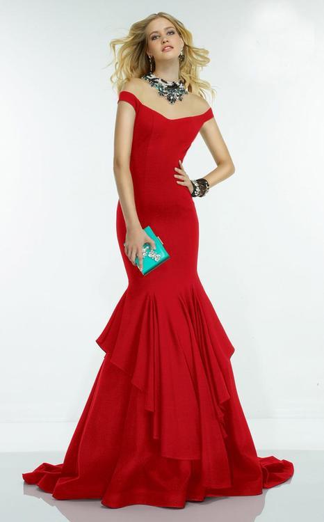 Alyce Paris Adorned Illusion Off Shoulder Ruffled Trumpet Gown 2551 - 1 Pc. Red in size 6 Available CCSALE 6 / Red