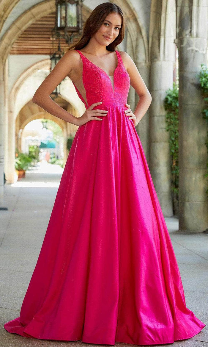 Amarra 87309 - Plunging V-Neck Beaded Evening Dress Special Occasion Dress 00 / Bright Fuchsia