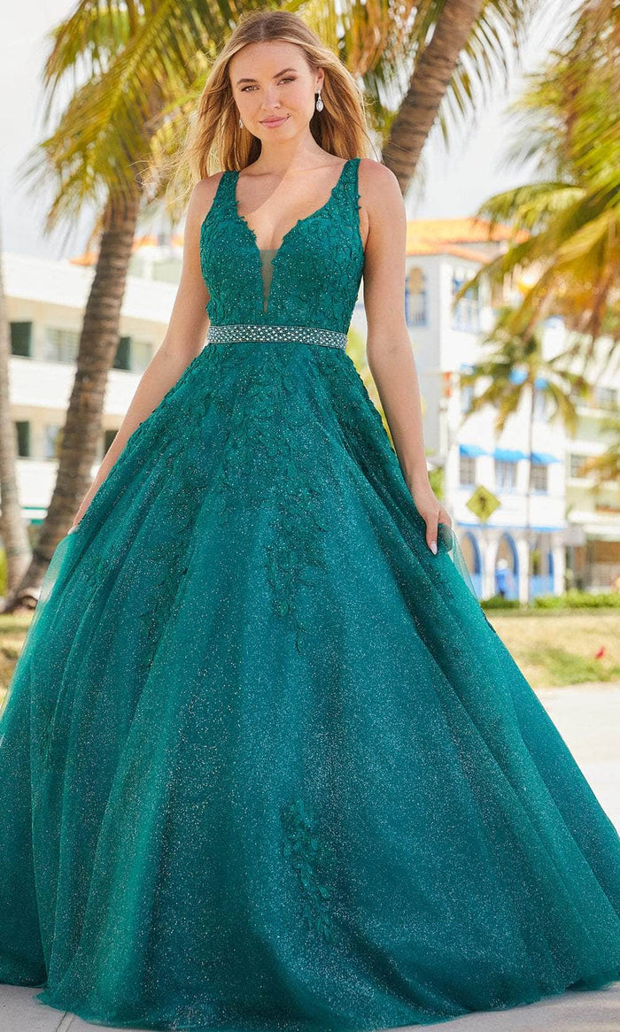 Amarra 88523 - Beaded Waistband Glittered Ballgown Special Occasion Dress 00 / Emerald