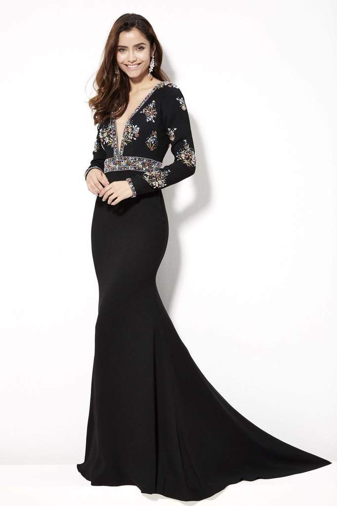 Angela & Alison - 81093 Long Sleeves Beaded Deep V-neck Trumpet Dress - 1 pc Black In Size 2 Available CCSALE 6 / Black