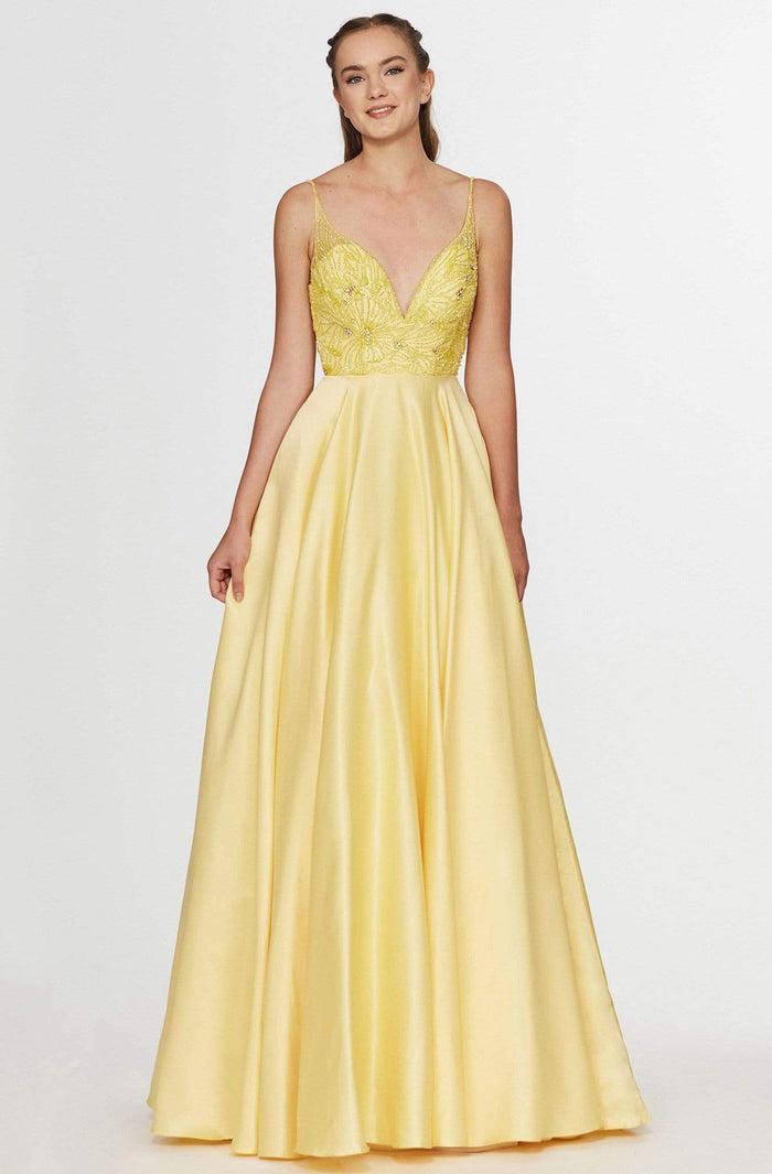 Angela & Alison - 91001 Sleeveless Low Scoop Back Beaded Satin Gown Special Occasion Dress 0 / Yellow