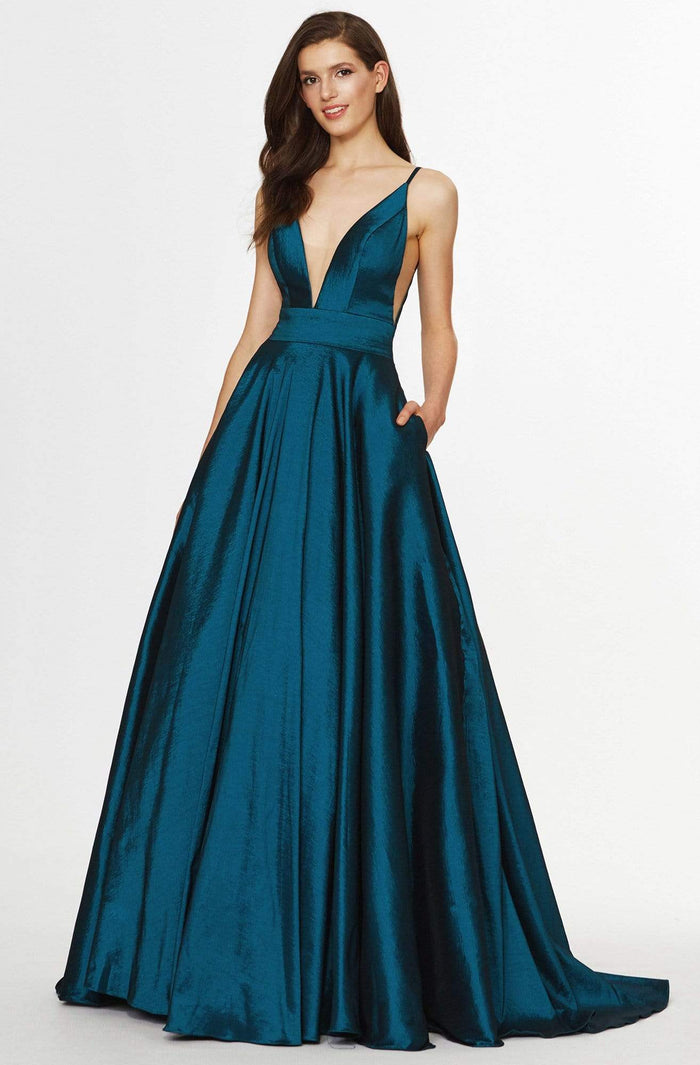 Angela & Alison - 91009 Plunging V-Neck Sleek Taffeta Gown Special Occasion Dress 0 / Juniper