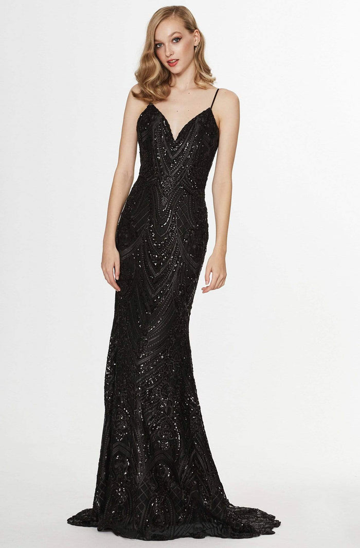 Angela & Alison - 91107 Bedazzled Plunging V-neck Trumpet Dress Special Occasion Dress 0 / Black