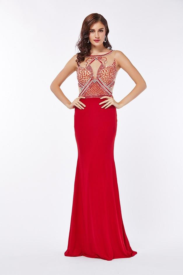 Angela & Alison - Sleeveless Hourglass Illusion Beaded Mermaid Dress - 1 pc Hot Red In Size 14 Available CCSALE 14 / Hot Red