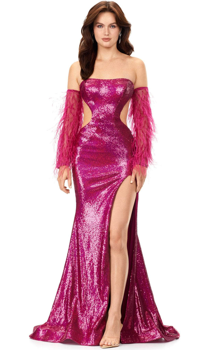 Ashley Lauren 11301 - Off Shoulder Hour Glass Shiny Trumpet Gown Special Occasion Dress 00 / Fuchsia