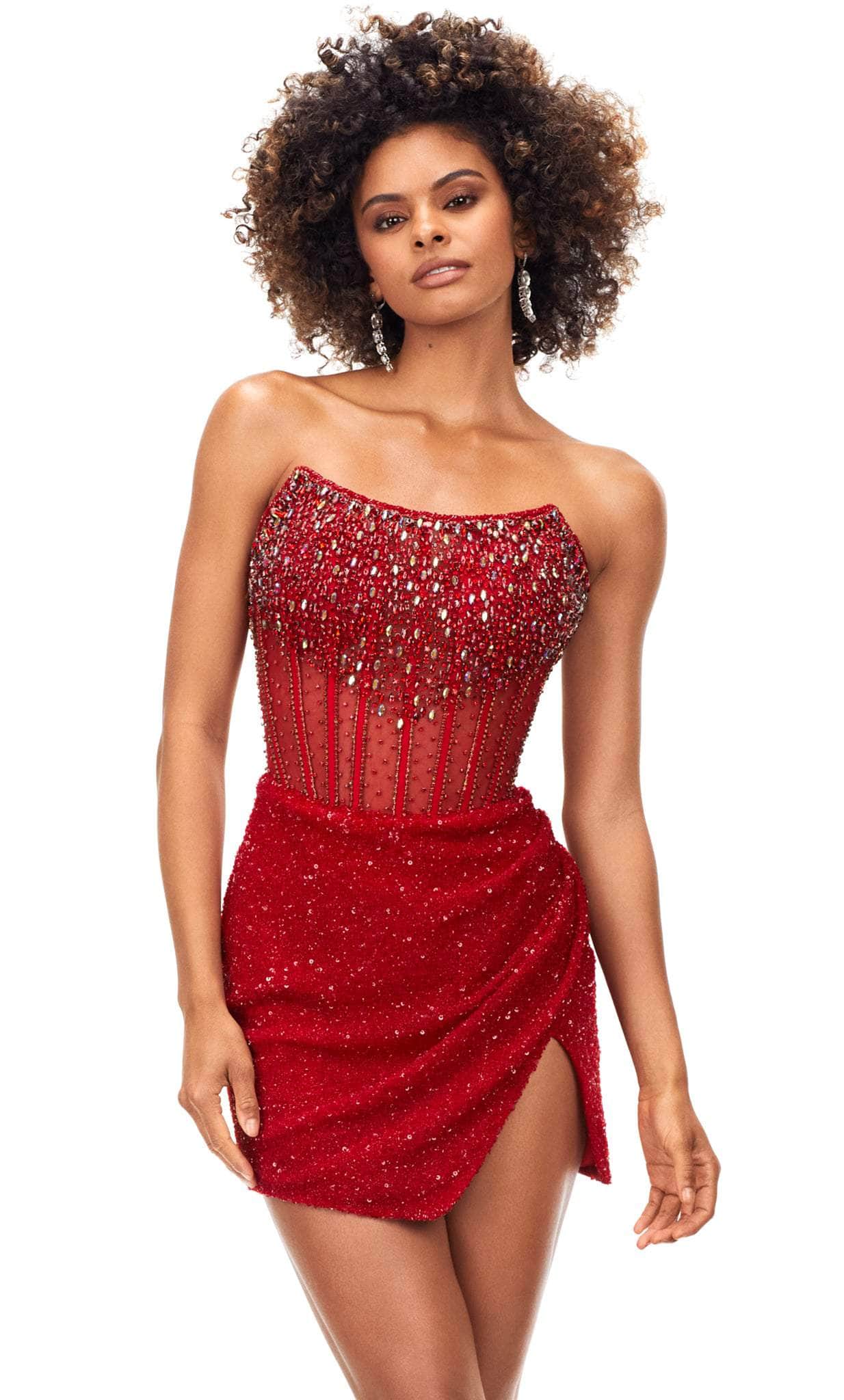 Red Beaded Strapless Lace-Up Mini Homecoming Dress