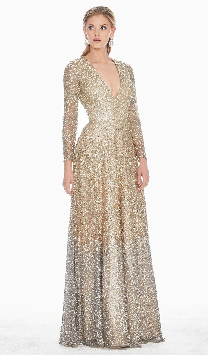 Ashley Lauren - Ombre Sequined V-neck A-line Dress 1456 CCSALE 16 / Silver/Gold