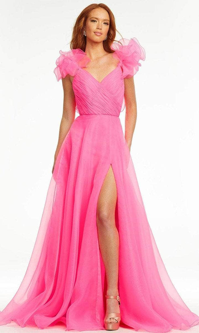 Ashley Lauren - V-Neck Ruched Prom Gown With Slit 11166 - 1 pc Hot Pink in Size 12 Available CCSALE 12 / Hot Pink