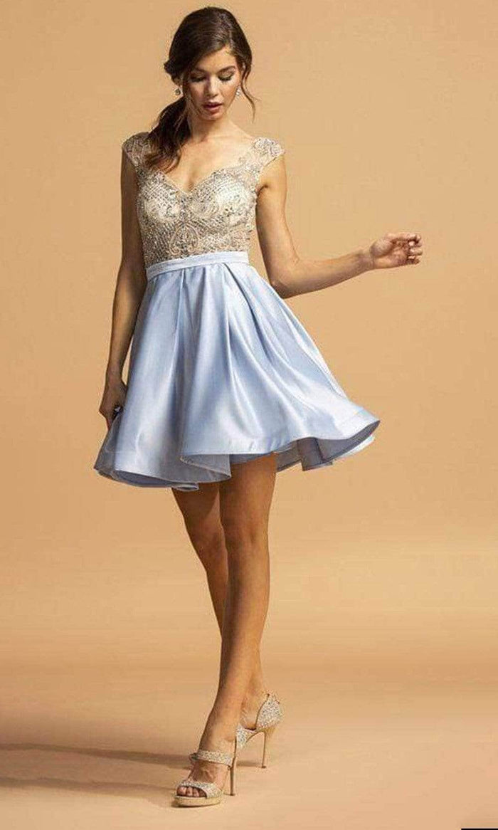 Aspeed Design - Cap Sleeve Lace Cocktail Dress S2124 - 1 pc Sky Blue In Size L Available CCSALE L / Sky Blue