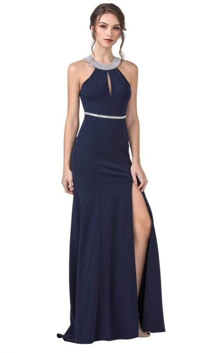 Aspeed Design - D399 Halter Bodycon High Slit Dress Evening Dresses XXS / Navy