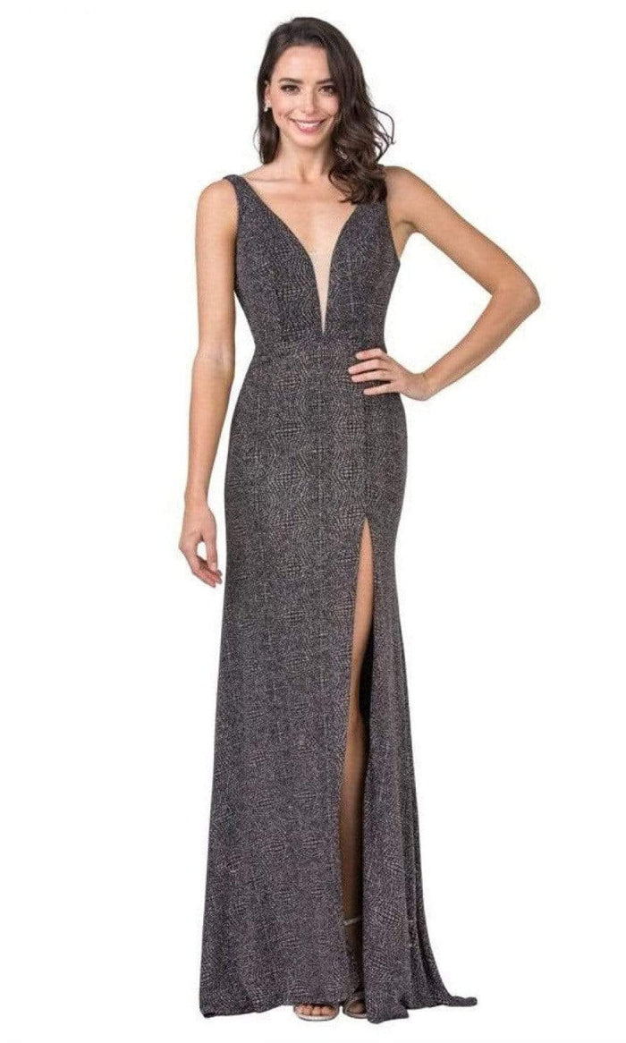 Aspeed Design - D411 Plunging Neck Jacquard Slit Dress Evening Dresses XXS / Metallic