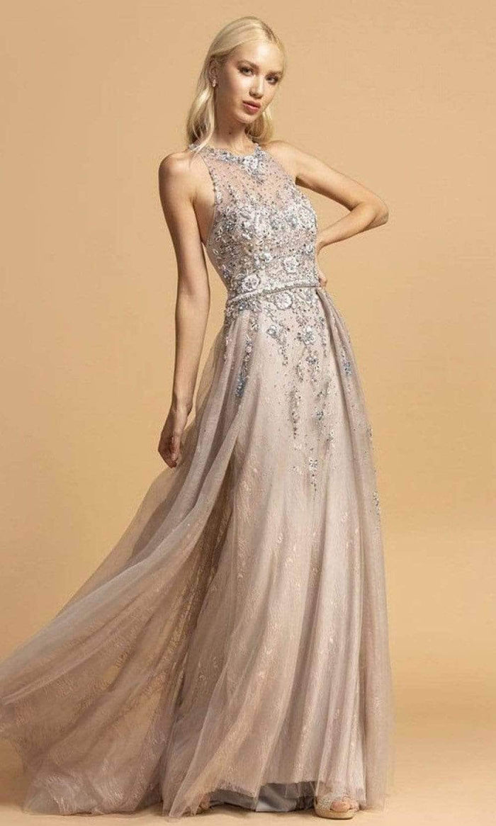 Aspeed Design - Halter Floral Beaded Prom Dress L2155 - 1 pc Silver - Blush In Size M Available CCSALE M / Silver - Blush