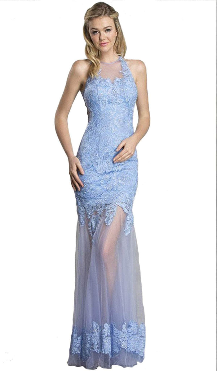 Aspeed Design - Illusion Applique Prom Dress L1432 - 1 pc Perry Blue In Size XS Available CCSALE XS / Perry Blue