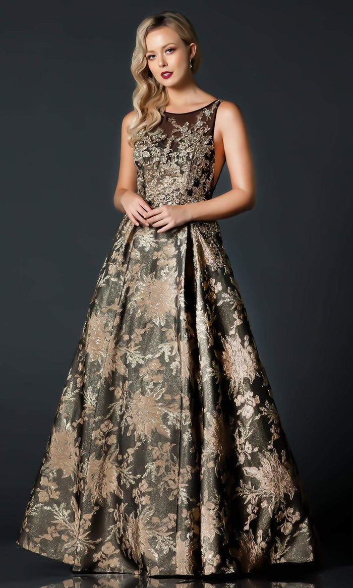 Aspeed Design - L2208 Appliqued Jacquard A-Line Dress Prom Dresses XXS / Black Gold