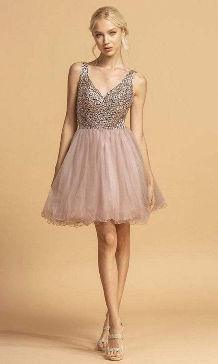 Aspeed Design - S2114 Beaded Bodice Fit and Flare Tulle Dress - 1 pc Blush In Size S Available CCSALE S / Blush