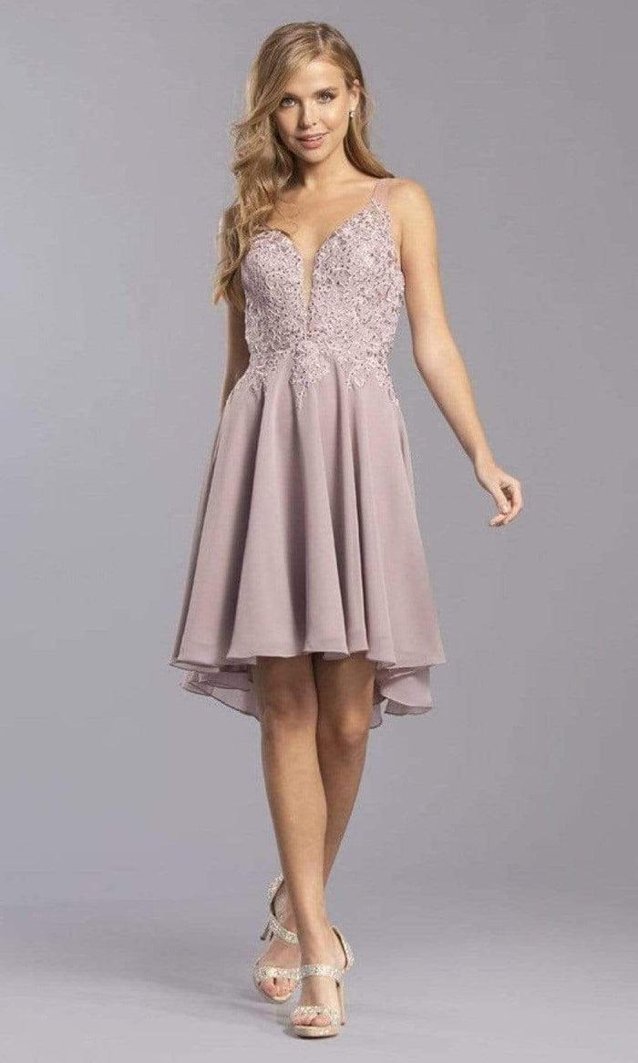 Aspeed Design - S2336 V Neck Embroidered High Low Dress Cocktail Dresses XXS / Mauve