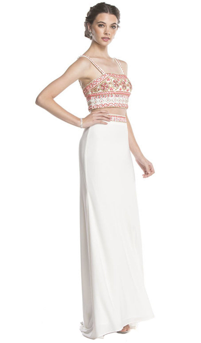 Beaded Two Piece Sheath Evening Dress Dress XXS / Off White-Coral