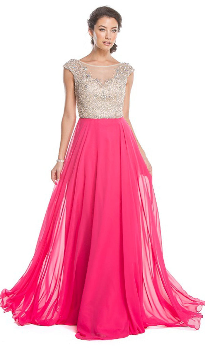 Bedazzled Illusion Bateau A-line Prom Dress Dress XXS / Fuchsia