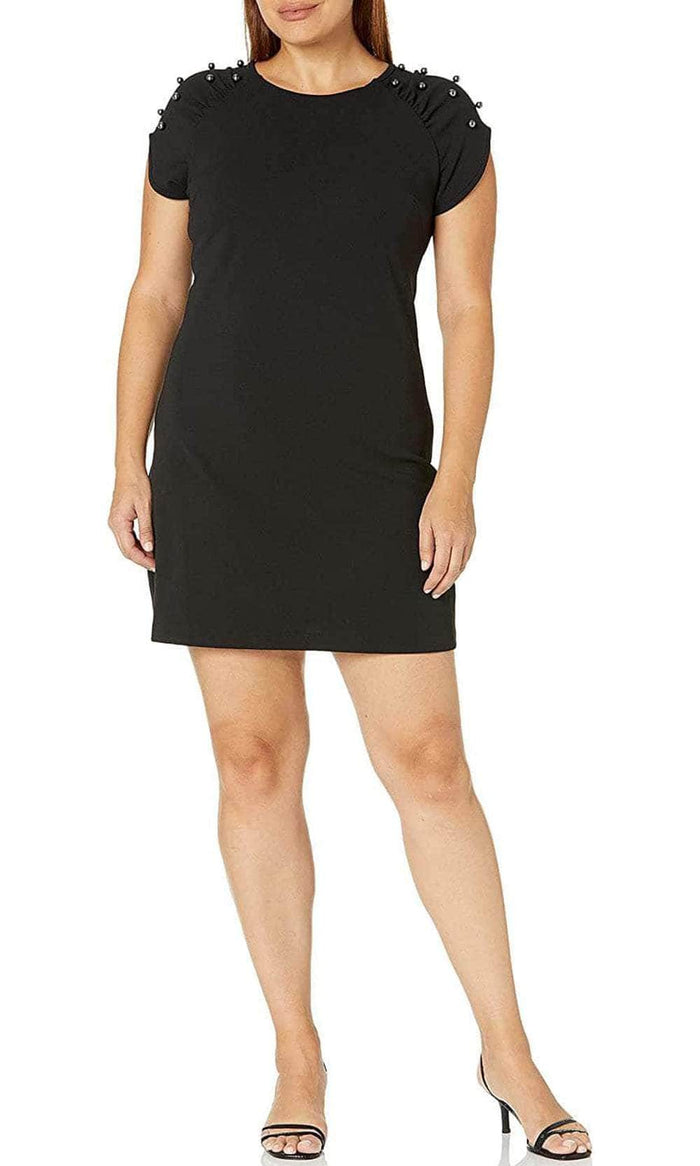 Betsey Johnson FM03K32 - Embellished Shoulders Short Sleeved Short Dress Cocktail Dresses 2 / Black