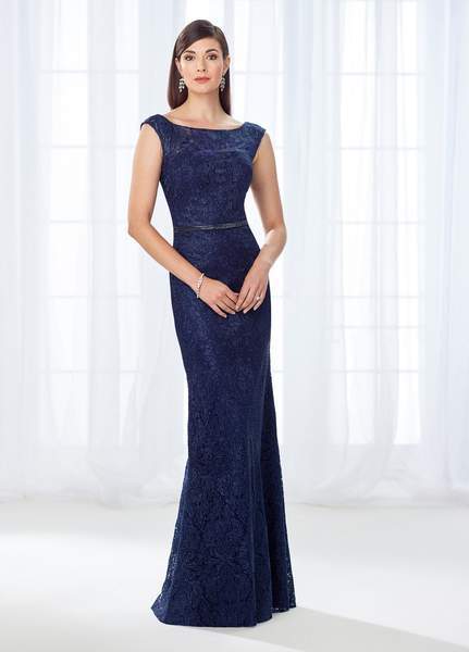 Cameron Blake - Bateau Neck Lace Fitted Gown 118687 - 1 pc Navy In Size 16 Available CCSALE 16 / Navy