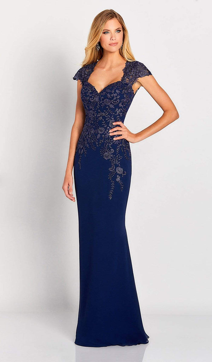 Cameron by Mon Cheri - Ornate Cap Sleeve Queen Anne Gown 119651 - 1 pc Navy In Size 10 and 1 pc Water in size 18 Available CCSALE 10 / Navy