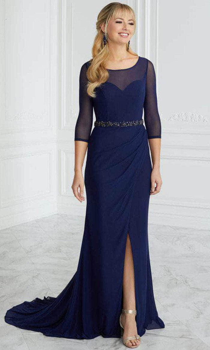 Christina Wu Elegance 17090 - Bateau Front Slit Evening Gown Special Occasion Dress 2 / Navy