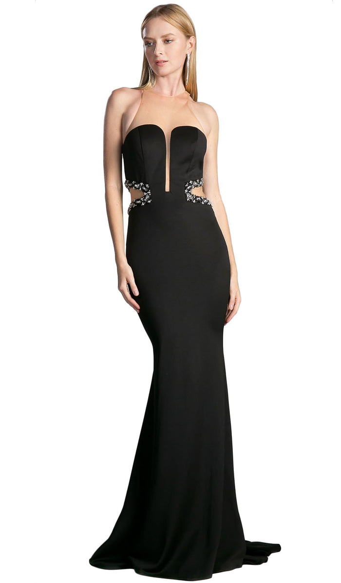 Cinderella Divine - 13162 Sheer Fitted Side Embellished Mermaid Gown Special Occasion Dress 2 / Black