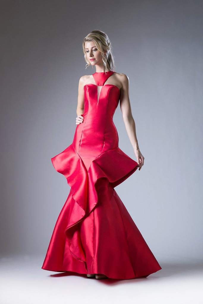 Cinderella Divine - 71428 High Neck Symmetrical Ruffle Mermaid Gown CCSALE 14 / Red