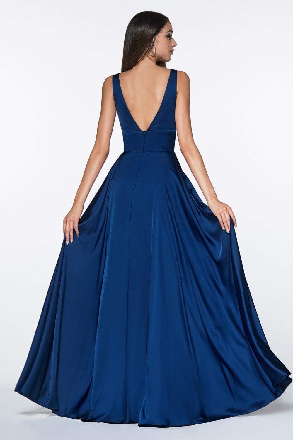 Cinderella Divine - 7469 V Neck High Slit Satin Flowy A-Line Dress –  Couture Candy