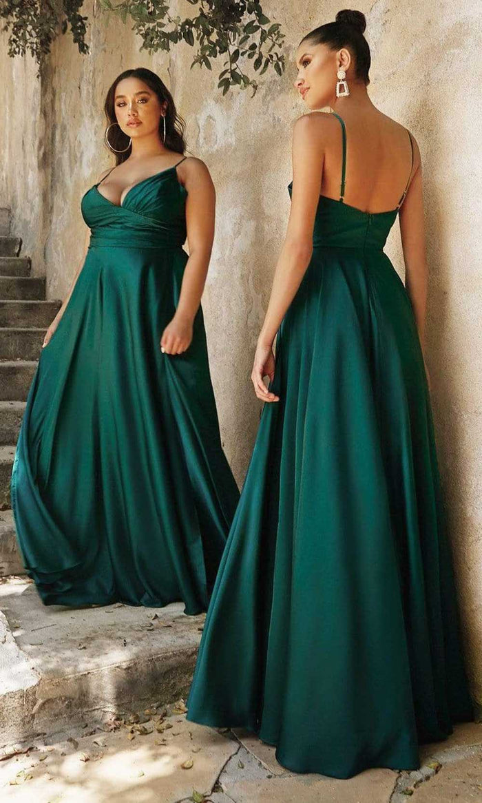 Cinderella Divine 7485 - Ruched V-Neck Evening Gown Evening Dresses 2 / Emerald