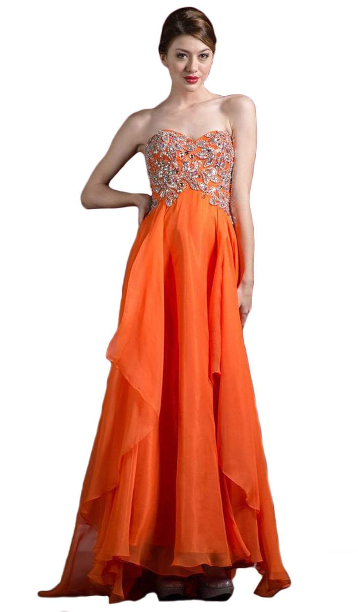 Cinderella Divine - 7643 Embellished Strapless Sweetheart Tiered A-line Evening Gown CCSALE 6 / Orange