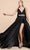 Cinderella Divine - A0065 Satin High Slit Caped Evening Gown Evening Dresses 2 / Black