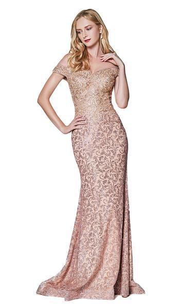 Cinderella Divine - Beaded Lace Off-Shoulder Trumpet Dress KC881 CCSALE 10 / Rose Gold