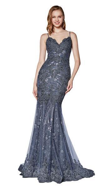 Cinderella Divine - Beaded Lace V-neck Mermaid Dress KC887 - 1 pc Smoky Blue In Size 10 Available CCSALE 10 / Smoky Blue