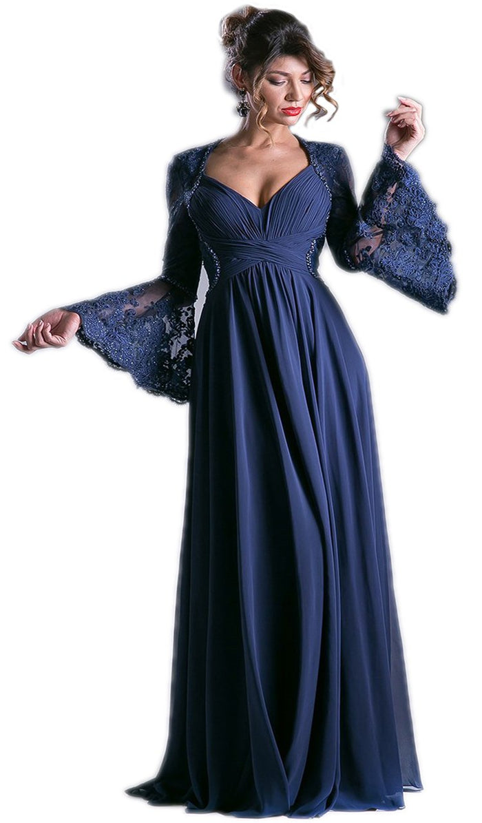 Cinderella Divine Bell Sleeve Queen Anne Ruched Long Gown - 1 pc Navy In Size 8 Available CCSALE 8 / Navy