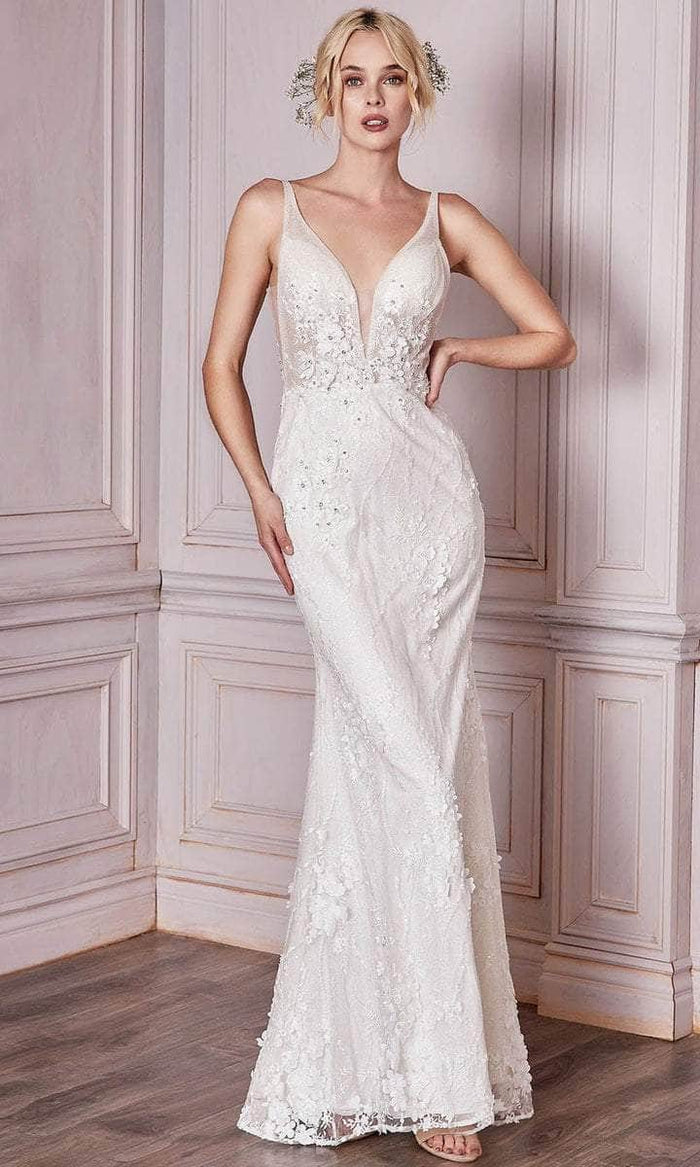 Cinderella Divine Bridal - CDS403W Floral Appliqued Deep V-neck Wedding Gown - 1 pc Off-White in Size 8 Available CCSALE 8 / Off-White