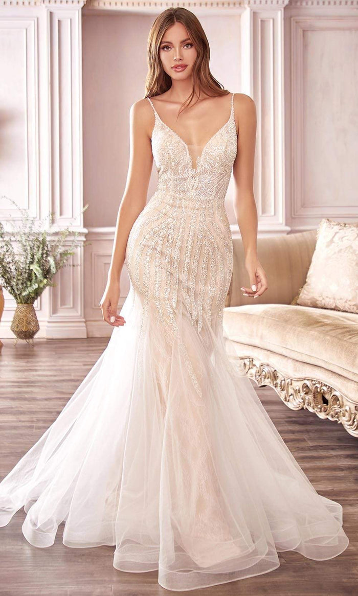 Cinderella Divine Bridal - Plunging V-Neck Embellished Mermaid Dress CDS401 - 1 pc Off White In Size 10 Available CCSALE 10 / Off White