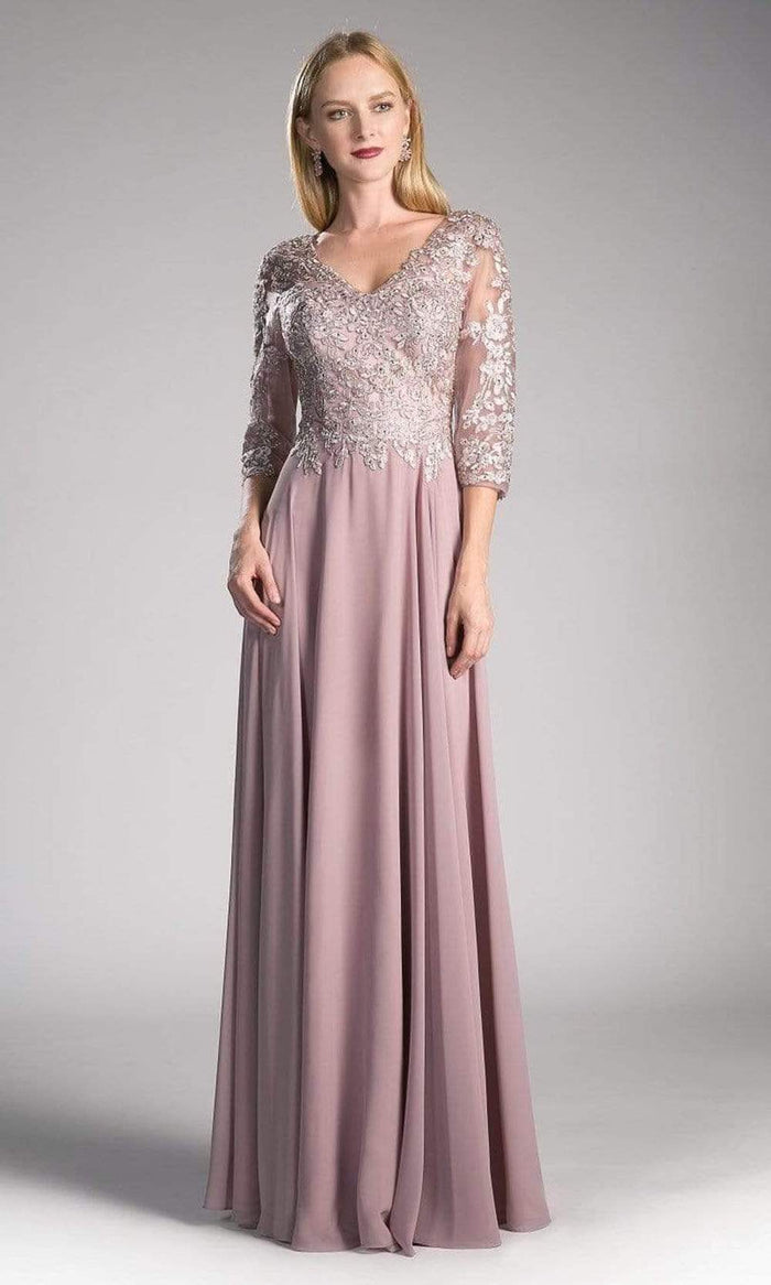 Cinderella Divine - CD0122 Beaded Lace V-neck Bodice Chiffon A-line Dress - 1 pc Mocha In Size XL Available CCSALE XL / Mocha