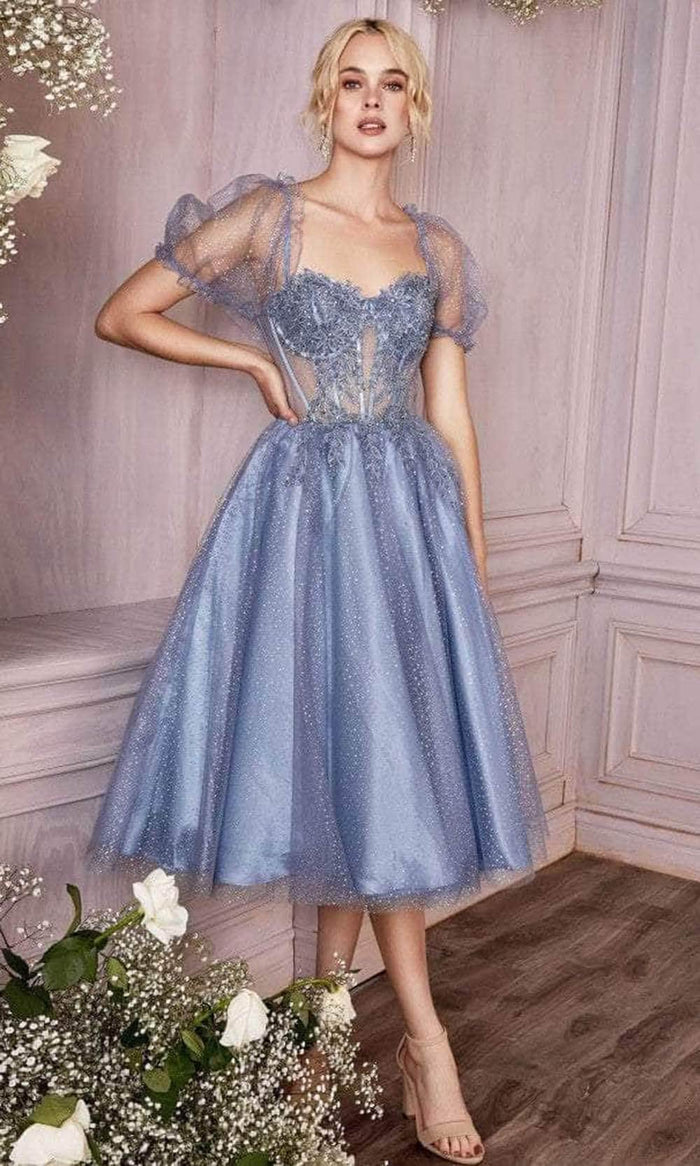 Cinderella Divine CD0187 - Puff- Sleeve Tea-Length Dress Special Occasion Dress XS / Smoky Blue