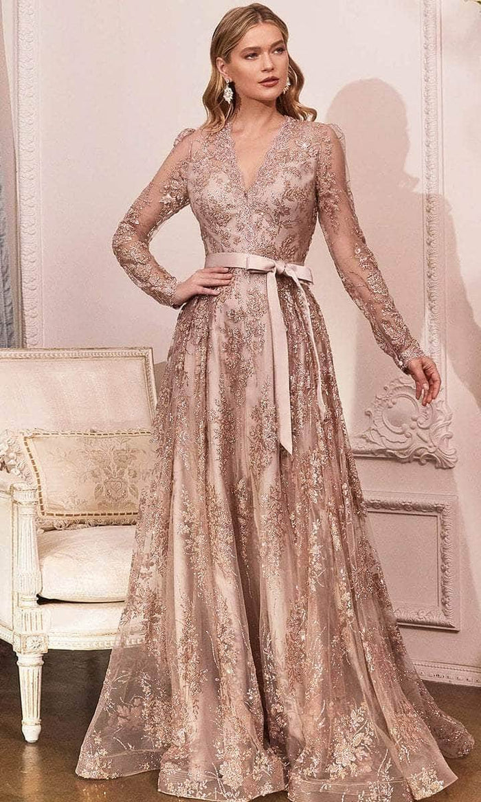 Cinderella Divine - CD233 Sheer Long Sleeve V-neck Evening Gown - 1 pc Rose Gold in Size 14 Available CCSALE 14 / Rose Gold