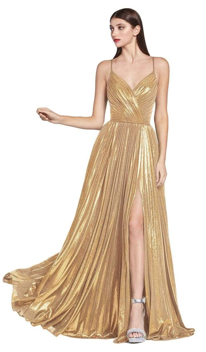 Cinderella Divine - CJ531 Metallic Pleated V Neck A-Line Dress - 1 pc Gold in Size 18 Available CCSALE 18 / Gold