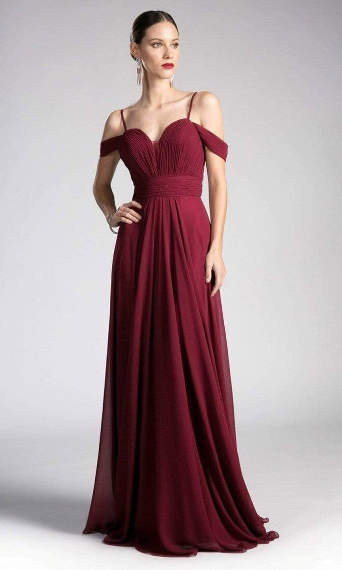 Cinderella Divine - Cold Shoulders Ruched Bodice A-Line Gown CJ241 - 1 pc Burgundy In Size 6 Available CCSALE 6 / Burgundy