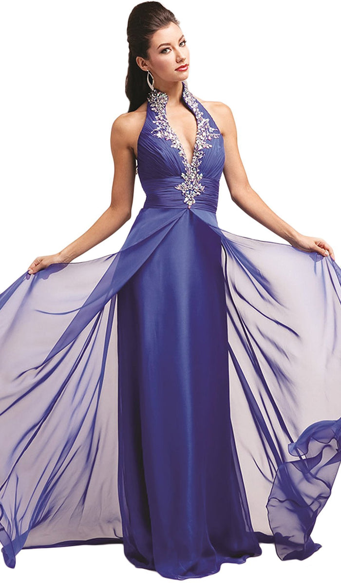 Cinderella Divine - Crystal Embellished Ruched High Neck Evening Dress Special Occasion Dress 2 / Royal