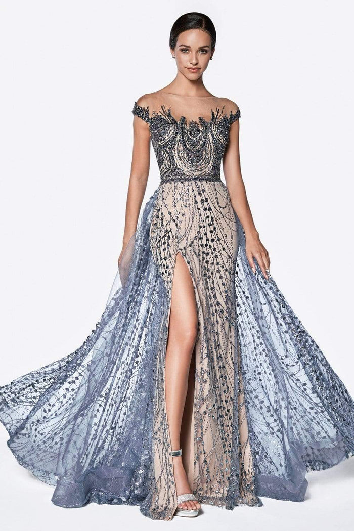 Cinderella Divine - CS030 Beaded Illusion Neckline Evening Dress with Overskirt - 1 pc Navy/Nude in Size 6 Available CCSALE 8 / Navy/Nude