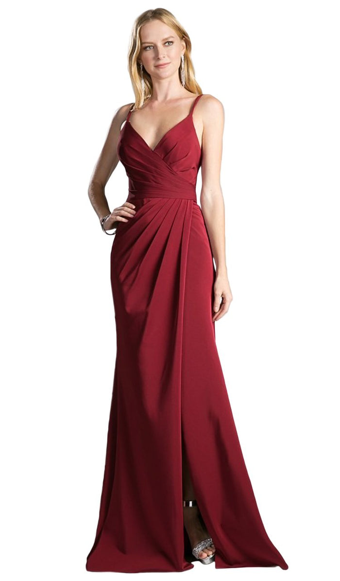 Cinderella Divine - Draped Wrap Bodice High Slit Gown KC1850  - 1 pc Tea Rose in Size 4 Available CCSALE 4 / Burgundy