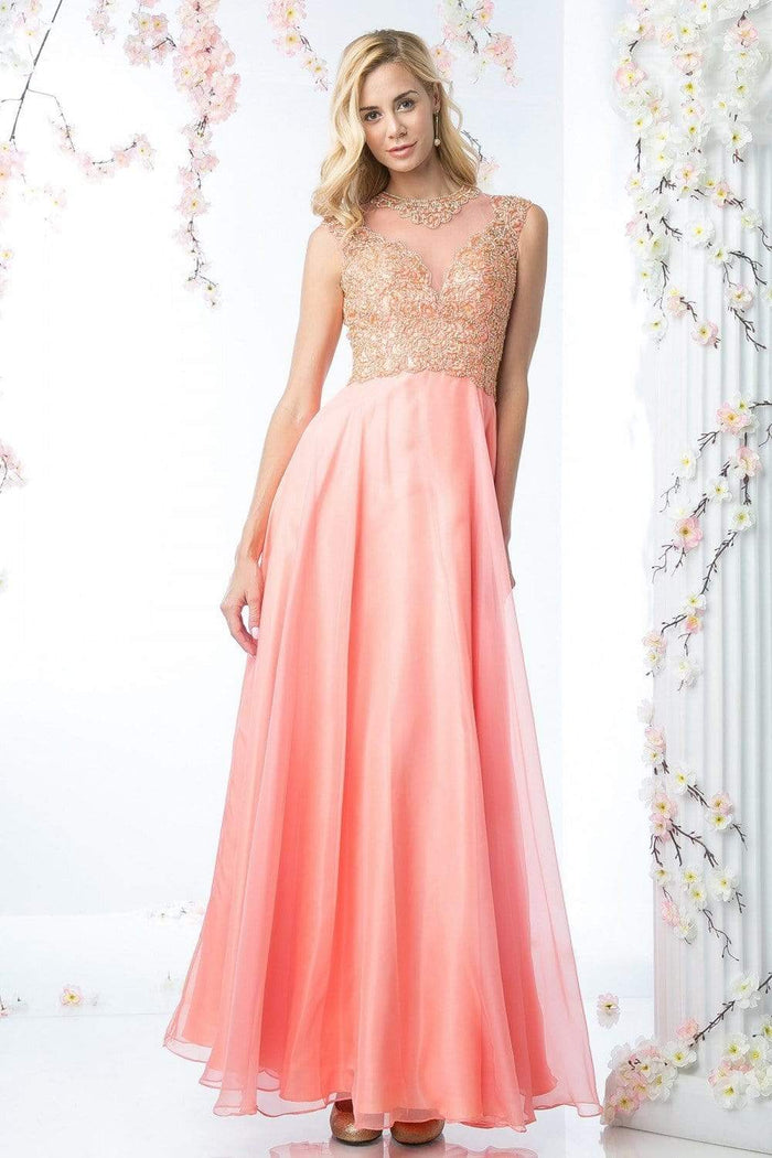 Cinderella Divine - Embellished Illusion Jewel Neck A-line Gown Special Occasion Dress 2 / Coral