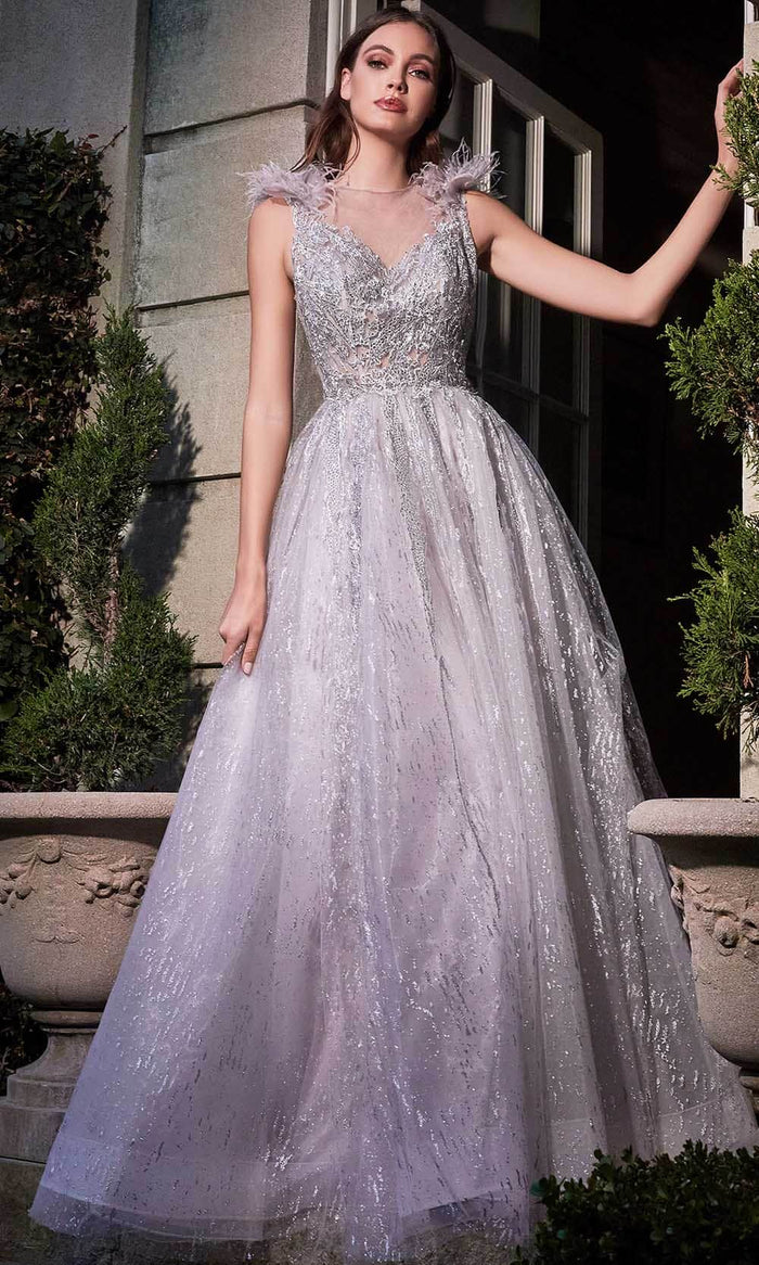 Cinderella Divine - Feather Ornate Tulle Evening Dress B704 - 1 pc Silver-Mauve In Size 4 Available CCSALE 4 / Silver-Mauve