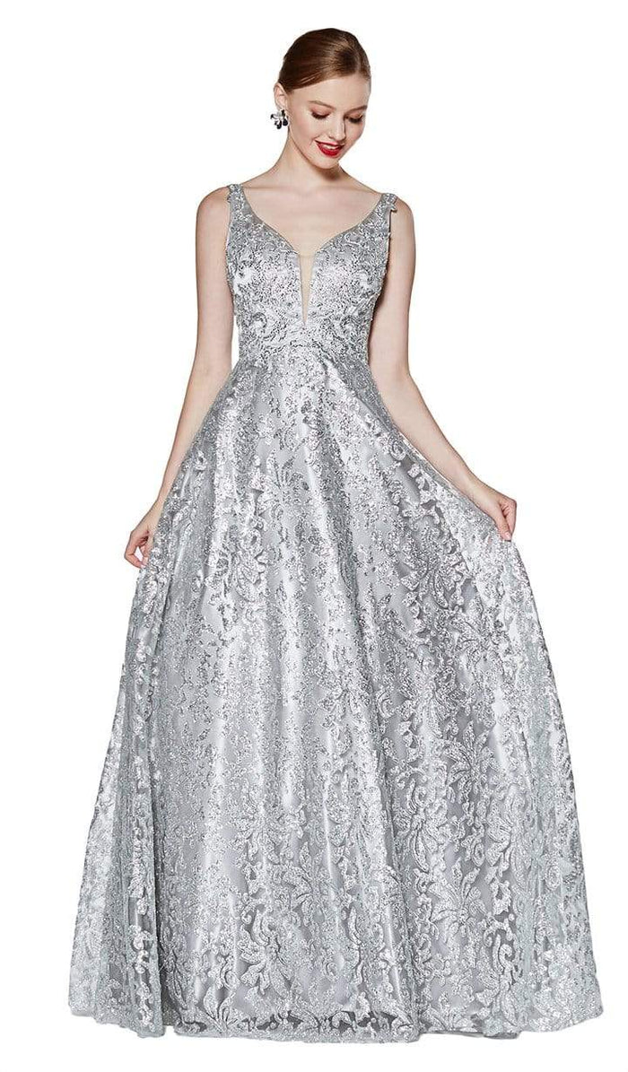 Cinderella Divine - Floral Glitter Plunging V-Neck Gown ML929 - 1 pc Silver In Size 5X Available CCSALE 5X / Silver