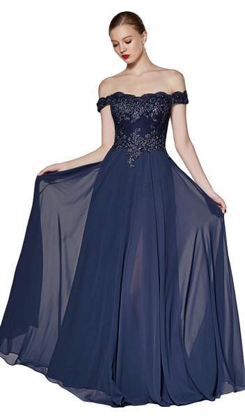 Cinderella Divine - Flowy Chiffon Lace Embellished A-Line Gown 7258 - 2 pcs Smoky Blue In Size M and L Available CCSALE L / Smoky Blue